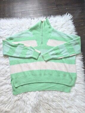 SOLID & STRIPED Mint and Cream Striped Half-Zip Turtleneck Sweater